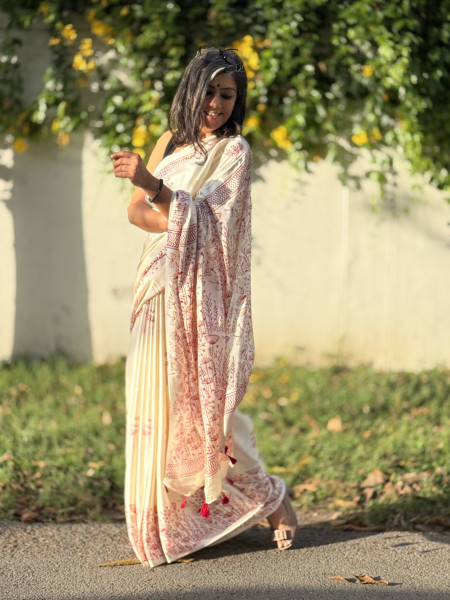 OFF WHITE-RED MODAL SILK AJRAKH BLOCK PRINT SARI