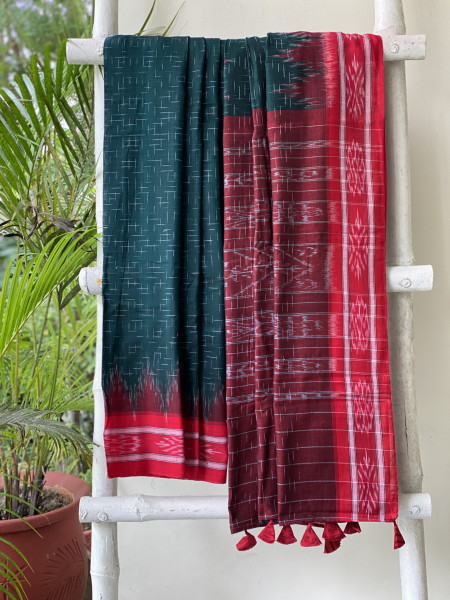BOTTLE GREEN-RED cotton 'JHARNA' ODISHA ikkat woven sari