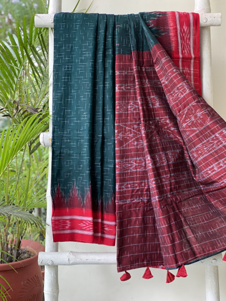 BOTTLE GREEN-RED cotton 'JHARNA' ODISHA ikkat woven sari