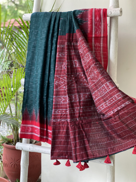 BOTTLE GREEN-RED cotton 'JHARNA' ODISHA ikkat woven sari