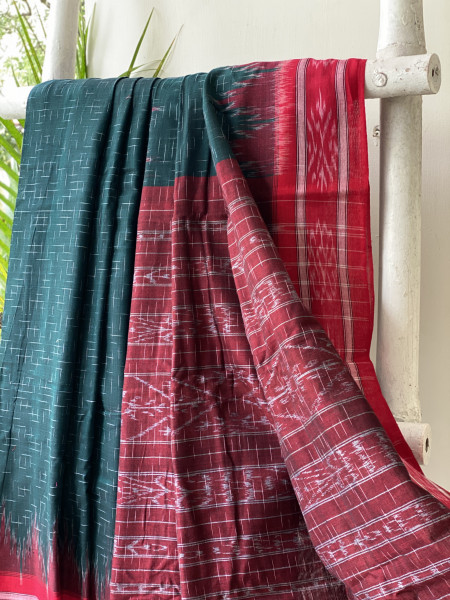 BOTTLE GREEN-RED cotton 'JHARNA' ODISHA ikkat woven sari