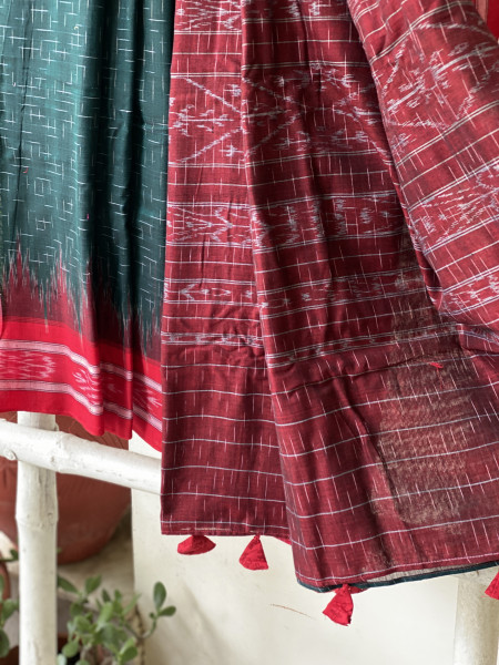 BOTTLE GREEN-RED cotton 'JHARNA' ODISHA ikkat woven sari