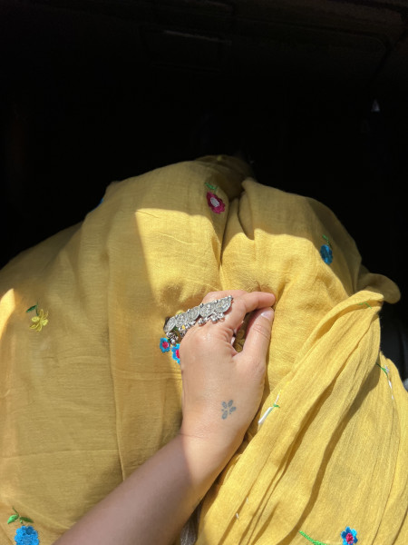 MUSTARD COTTON MULMUL EMBROIDERED SARI