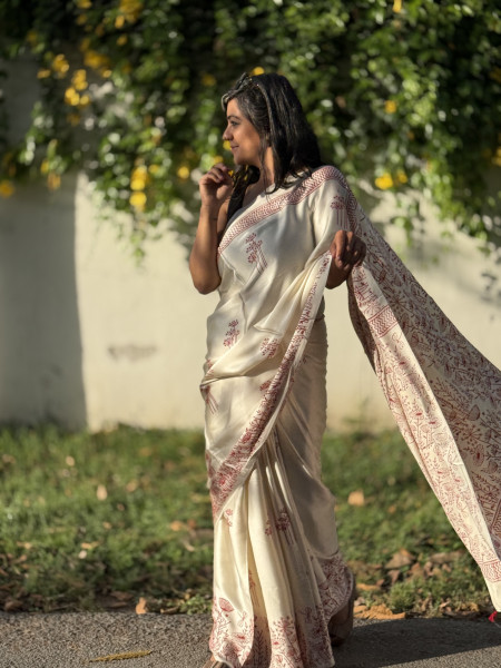 OFF WHITE-RED MODAL SILK AJRAKH BLOCK PRINT SARI