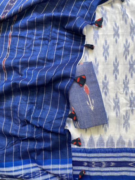WHITE-INDIGO  'MANIABANDHA' ikkat woven sari