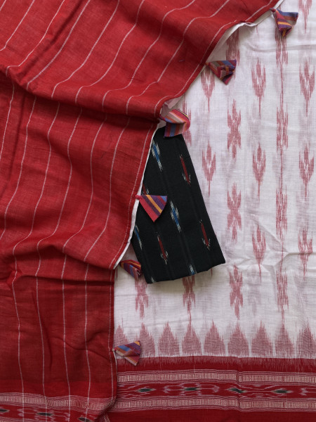 WHITE-RED  'MANIABANDHA' ikkat woven sari