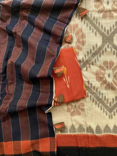 BEIGE-BLACK  'MANIABANDHA' ikkat woven sari