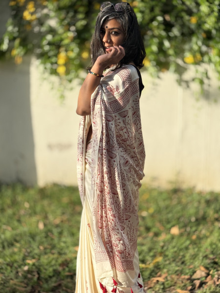 OFF WHITE-RED MODAL SILK AJRAKH BLOCK PRINT SARI