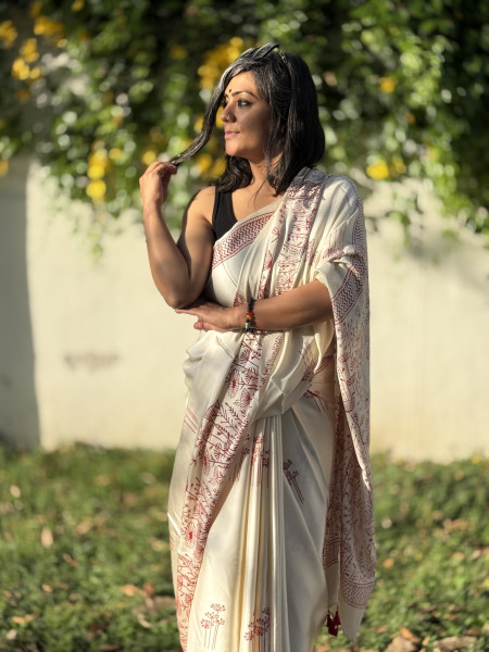 OFF WHITE-RED MODAL SILK AJRAKH BLOCK PRINT SARI