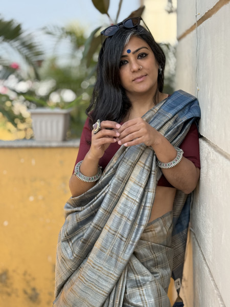 GREY-BLUE HAND WOVEN TUSSAR SILK SARI