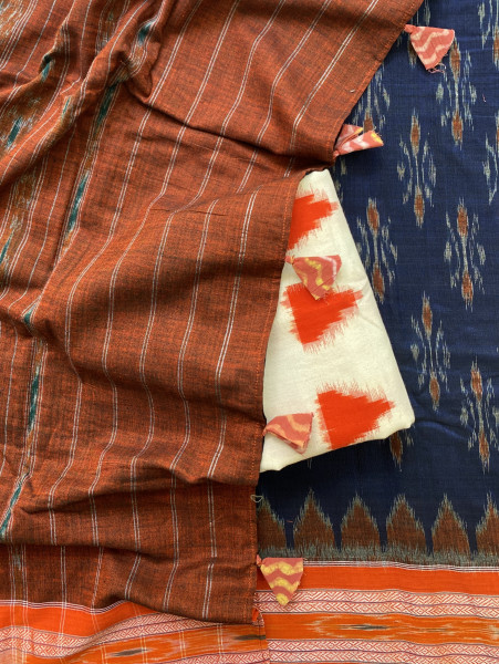 INDIGO-ORANGE  'MANIABANDHA' ikkat woven sari