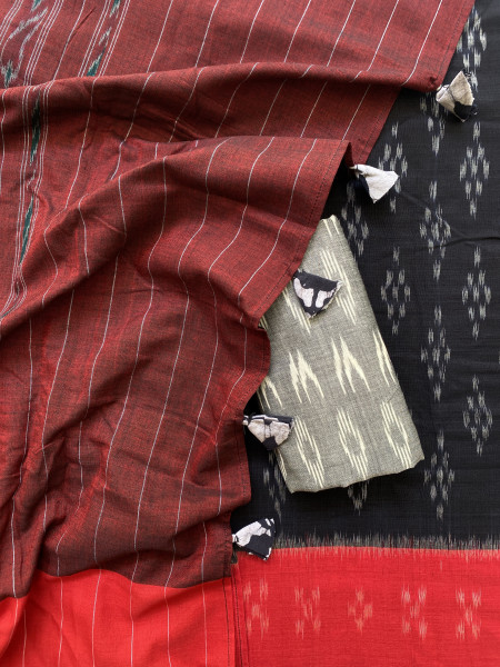 BLACK-RED  'MANIABANDHA' ikkat woven sari