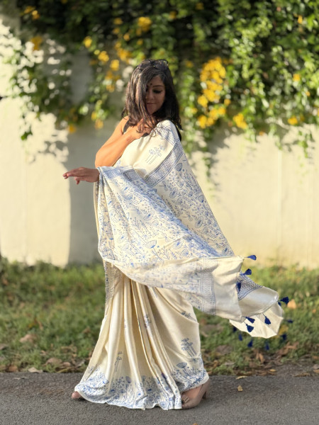 OFF WHITE-INDIGO MODAL SILK AJRAKH BLOCK PRINT SARI
