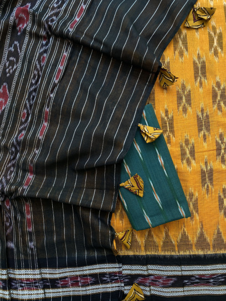 MUSTARD-BLACK  'MANIABANDHA' ikkat woven sari