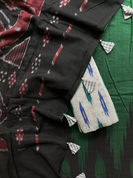 GREEN-BLACK Cotton 'KARGIL KUMBHA' ikkat woven sari