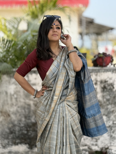 GREY-BLUE HAND WOVEN TUSSAR SILK SARI