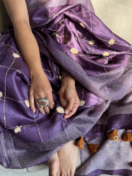 PURPLE KORA SILK HAND EMBROIDERED SARI
