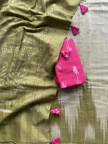 SHADED GREEN Cotton 'KARGIL KUMBHA' ikkat woven sari
