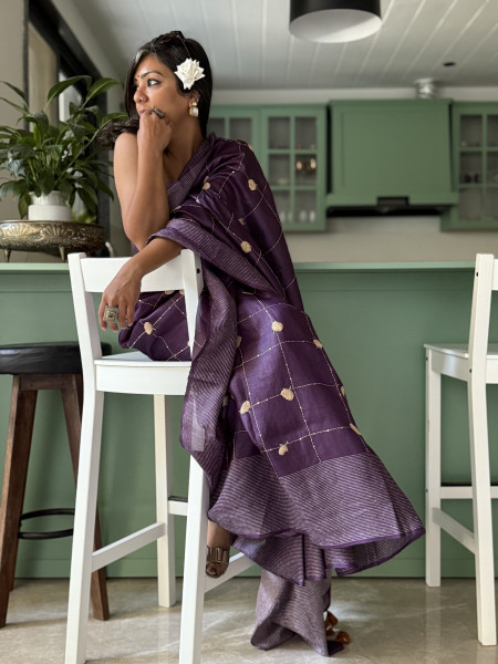 PURPLE KORA SILK HAND EMBROIDERED SARI