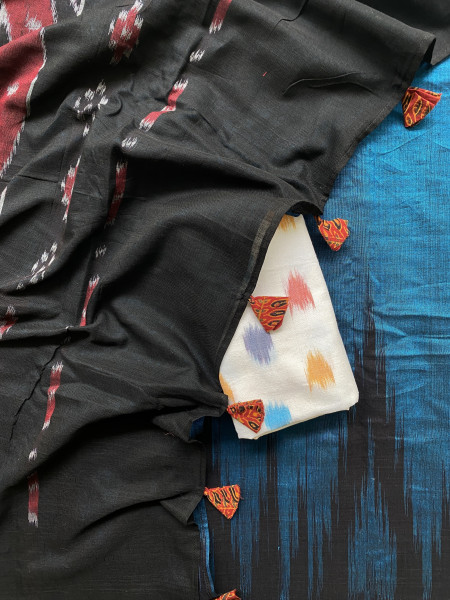 BLUE-BLACK Cotton 'KARGIL KUMBHA' ikkat woven sari