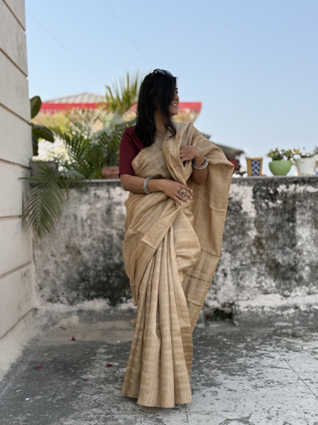 BEIGE HAND ZARI WOVEN TUSSAR SILK SARI