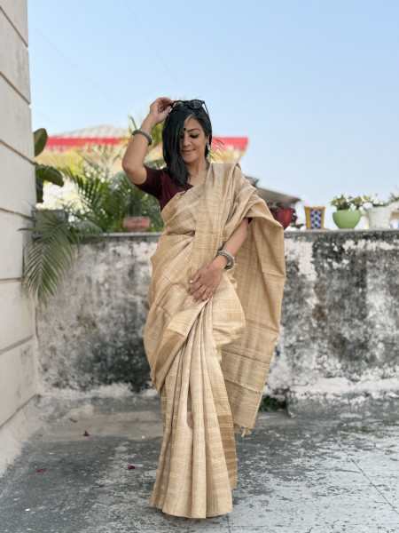 BEIGE HAND ZARI WOVEN TUSSAR SILK SARI