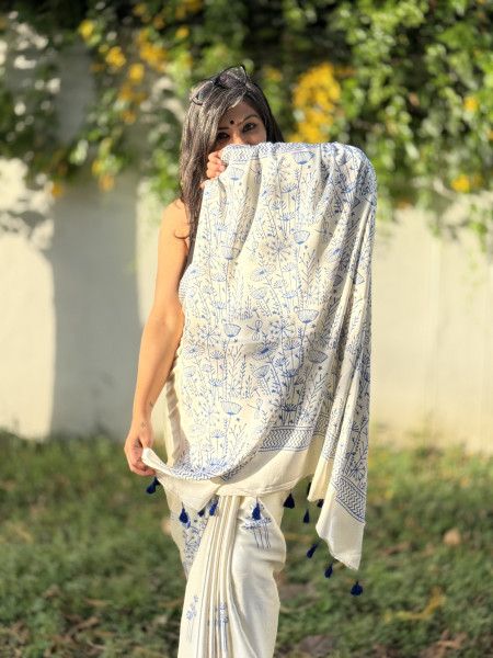 OFF WHITE-INDIGO MODAL SILK AJRAKH BLOCK PRINT SARI