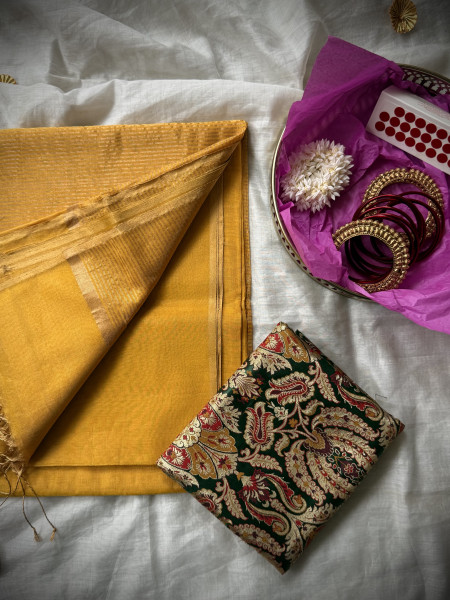 'SWARNA' YELLOW ZARI WOVEN MAHESHWARI SILK  SARI