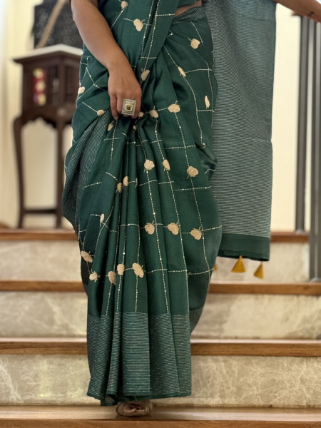 BOTTLE GREEN KORA SILK HAND EMBROIDERED SARI