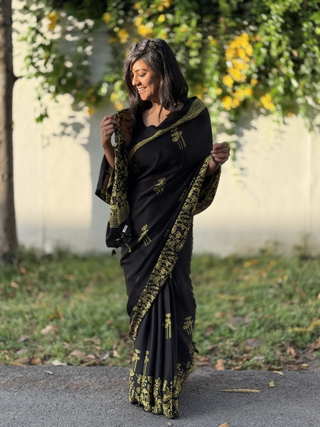 BLACK-YELLOW MODAL SILK AJRAKH BLOCK PRINT SARI