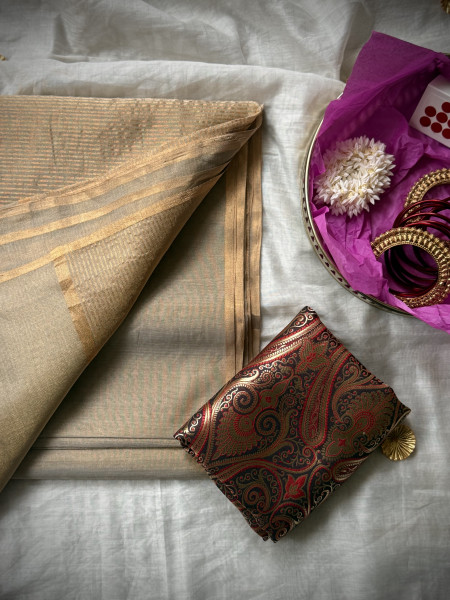 'INDIRA' ASH GREY ZARI WOVEN MAHESHWARI SILK  SARI