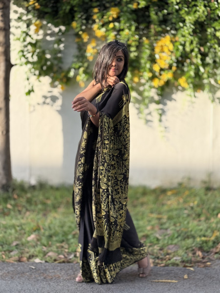 BLACK-YELLOW MODAL SILK AJRAKH BLOCK PRINT SARI