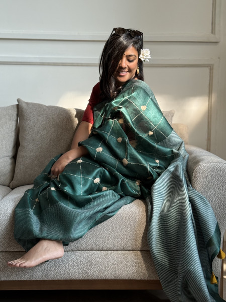 BOTTLE GREEN KORA SILK HAND EMBROIDERED SARI