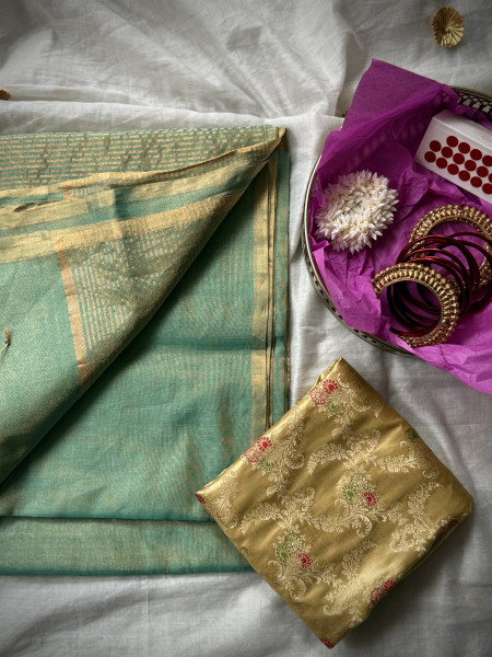 'LALITA' SEA GREEN ZARI WOVEN MAHESHWARI SILK  SARI