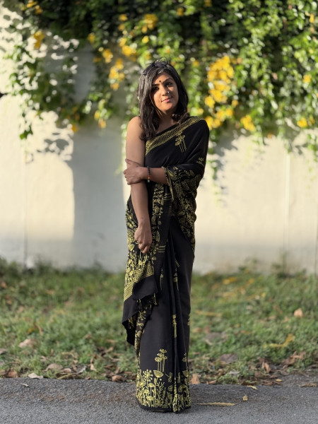 BLACK-YELLOW MODAL SILK AJRAKH BLOCK PRINT SARI