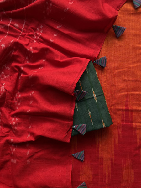 ORANGE-RED Cotton 'KARGIL KUMBHA' ikkat woven sari