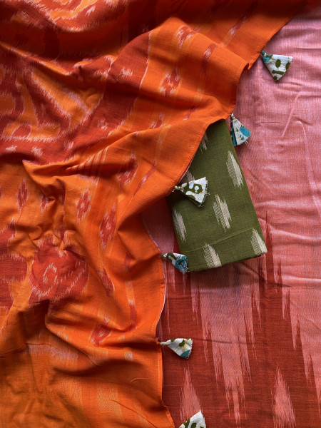 SHADED ORANGE Cotton 'KARGIL KUMBHA' ikkat woven sari