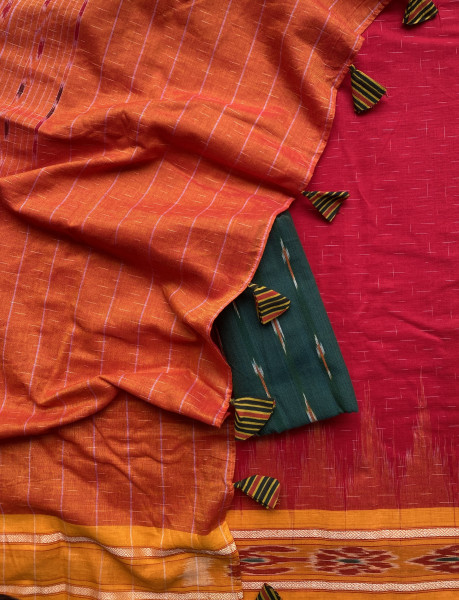 RED-YELLOW cotton 'JHARNA' ODISHA ikkat woven sari