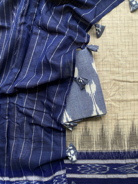 BEIGE-INDIGO cotton 'JHARNA' ODISHA  ikkat woven sari