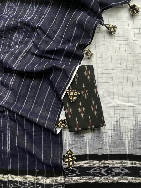 WHITE-BLACK cotton 'JHARNA' ODISHA ikkat woven sari