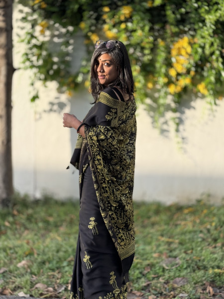 BLACK-YELLOW MODAL SILK AJRAKH BLOCK PRINT SARI