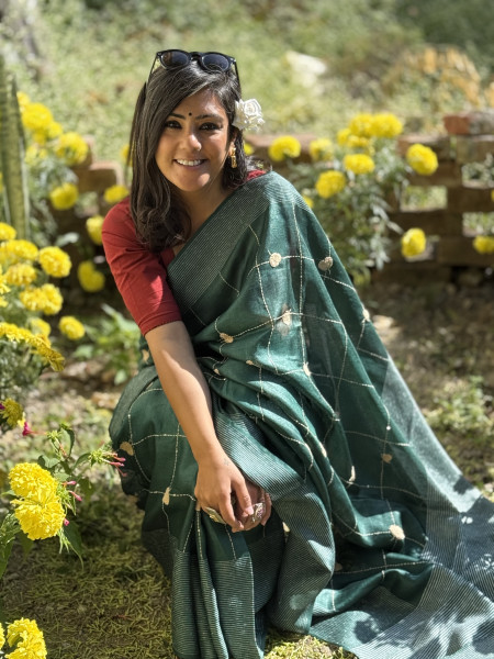 BOTTLE GREEN KORA SILK HAND EMBROIDERED SARI