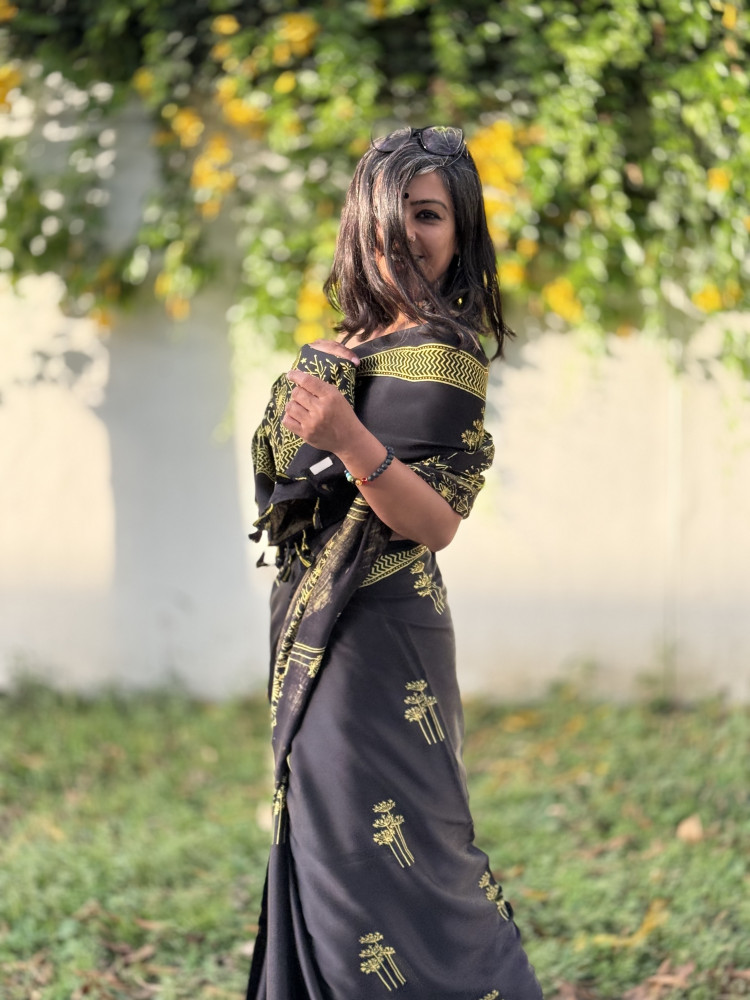 Image of BLACK-YELLOW MODAL SILK AJRAKH BLOCK PRINT SARI
