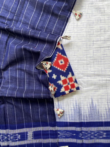 WHITE-INDIGO cotton 'JHARNA' ODISHA  ikkat woven sari