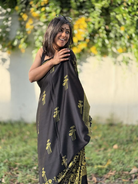 BLACK-YELLOW MODAL SILK AJRAKH BLOCK PRINT SARI
