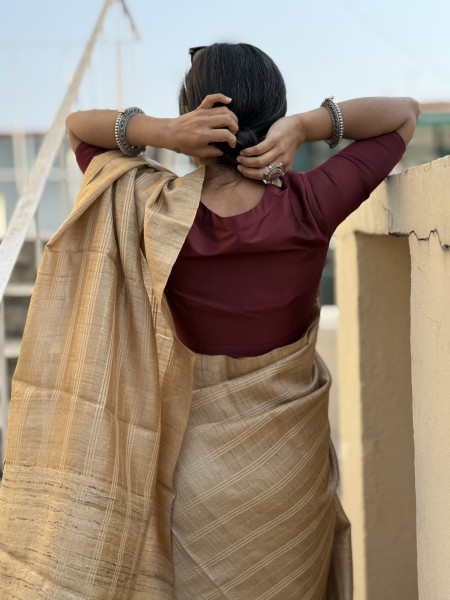 BEIGE HAND ZARI WOVEN TUSSAR SILK SARI