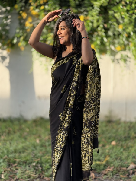 BLACK-YELLOW MODAL SILK AJRAKH BLOCK PRINT SARI