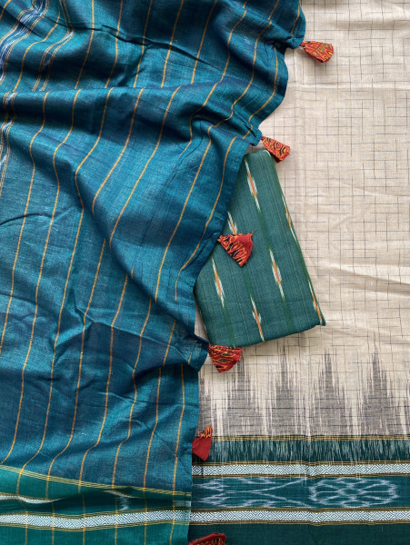 BEIGE-TEAL cotton 'JHARNA' ODISHA ikkat woven sari