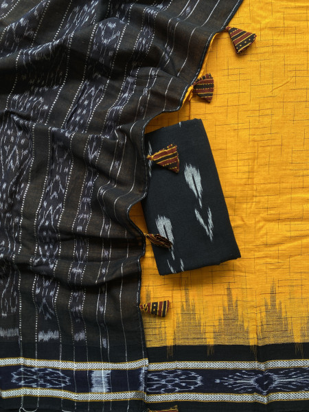YELLOW-BLACK cotton 'JHARNA' ODISHA ikkat woven sari