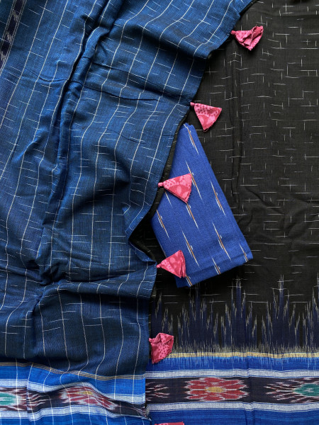 BLACK-INDIGO cotton 'JHARNA' ODISHA ikkat woven sari